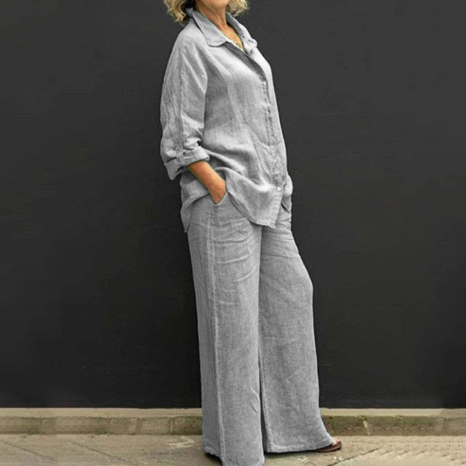 thumbnail image 2 of Conjunto de dos piezas de manga larga para mujer: top y pantalones anchos, poliéster, playa/vacaciones - Tallas S-XXXXL, 2 of 5